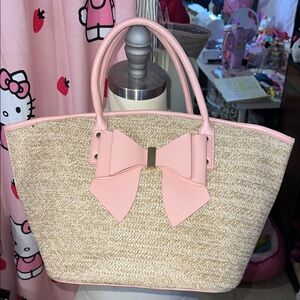 Pink Bow Straw Tote Bag
